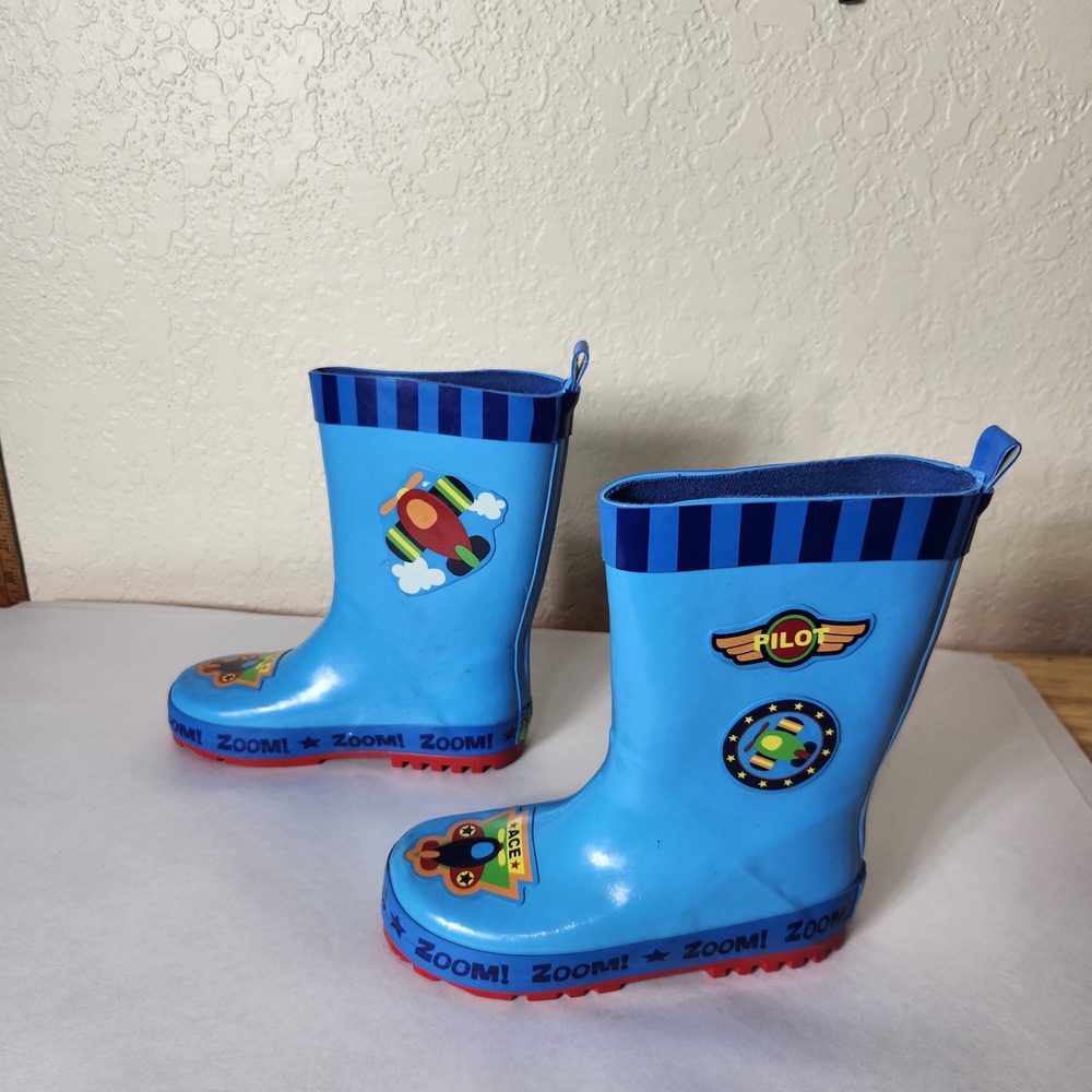Stephen Joseph Kids Blue Airplane Pilot Rain Boots Size 11 US 28 EUR